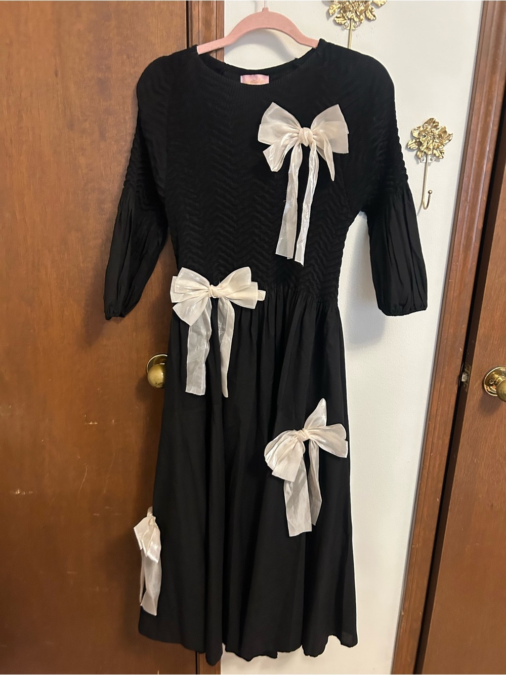 Black Midi Dress with Ivory Bows - Elegant Women's Party Dress